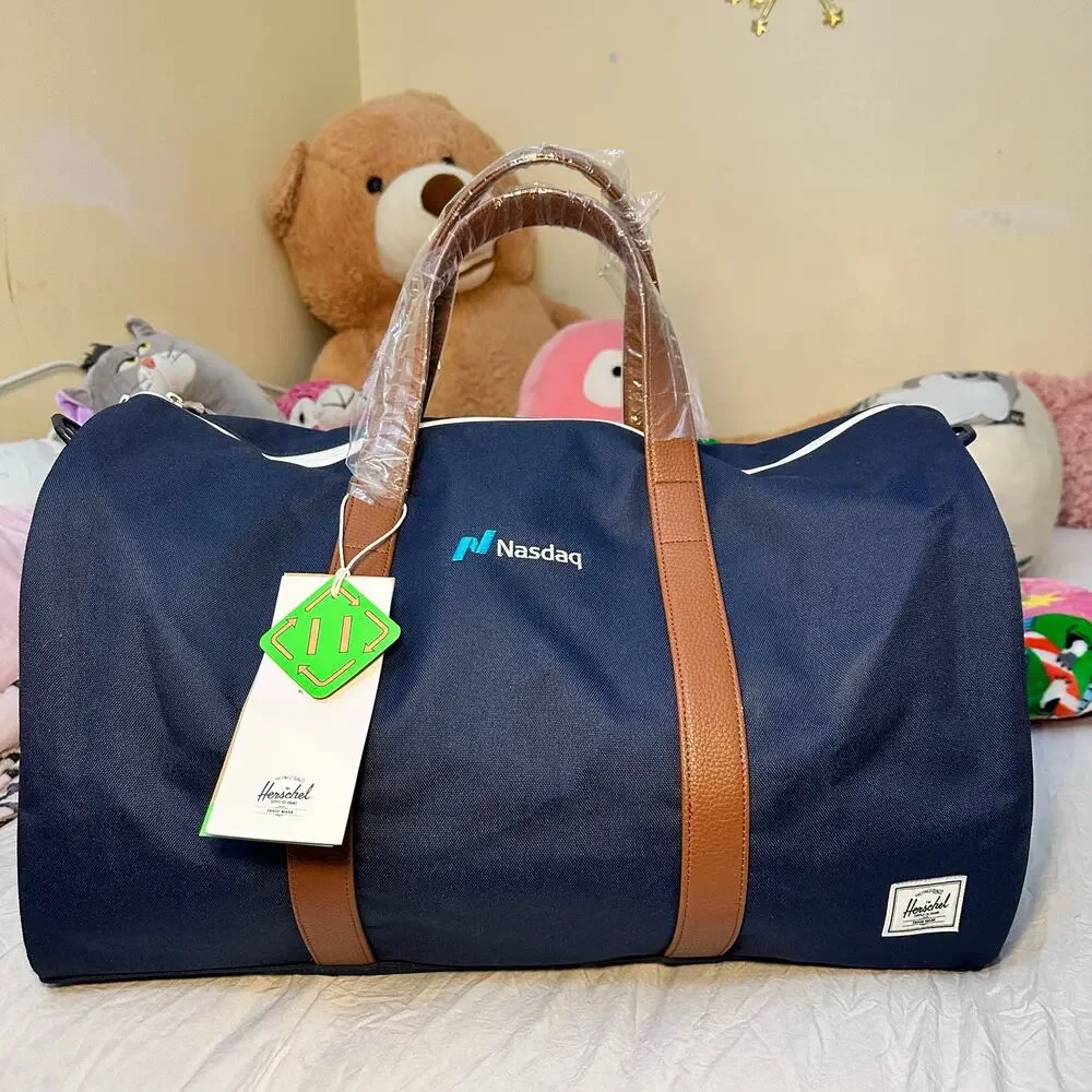 Herschel Supply Company Navy Duffel Bag with Brown Leather Straps